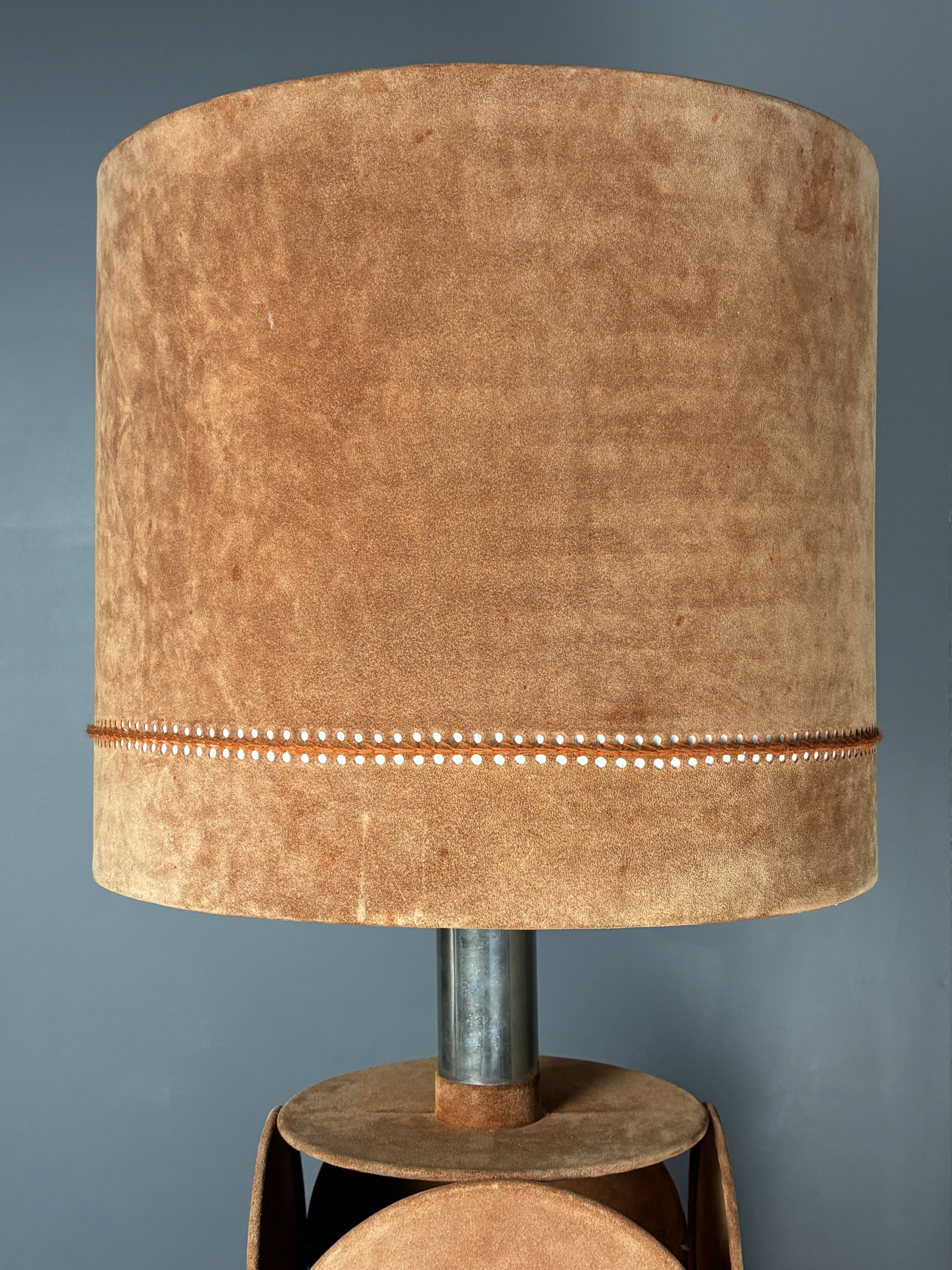 Midcentury XL ( 82 cm ) imposing terracotta suede table lamp. 1970s