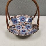 Beautiful small painted ceramic basket with woven handle