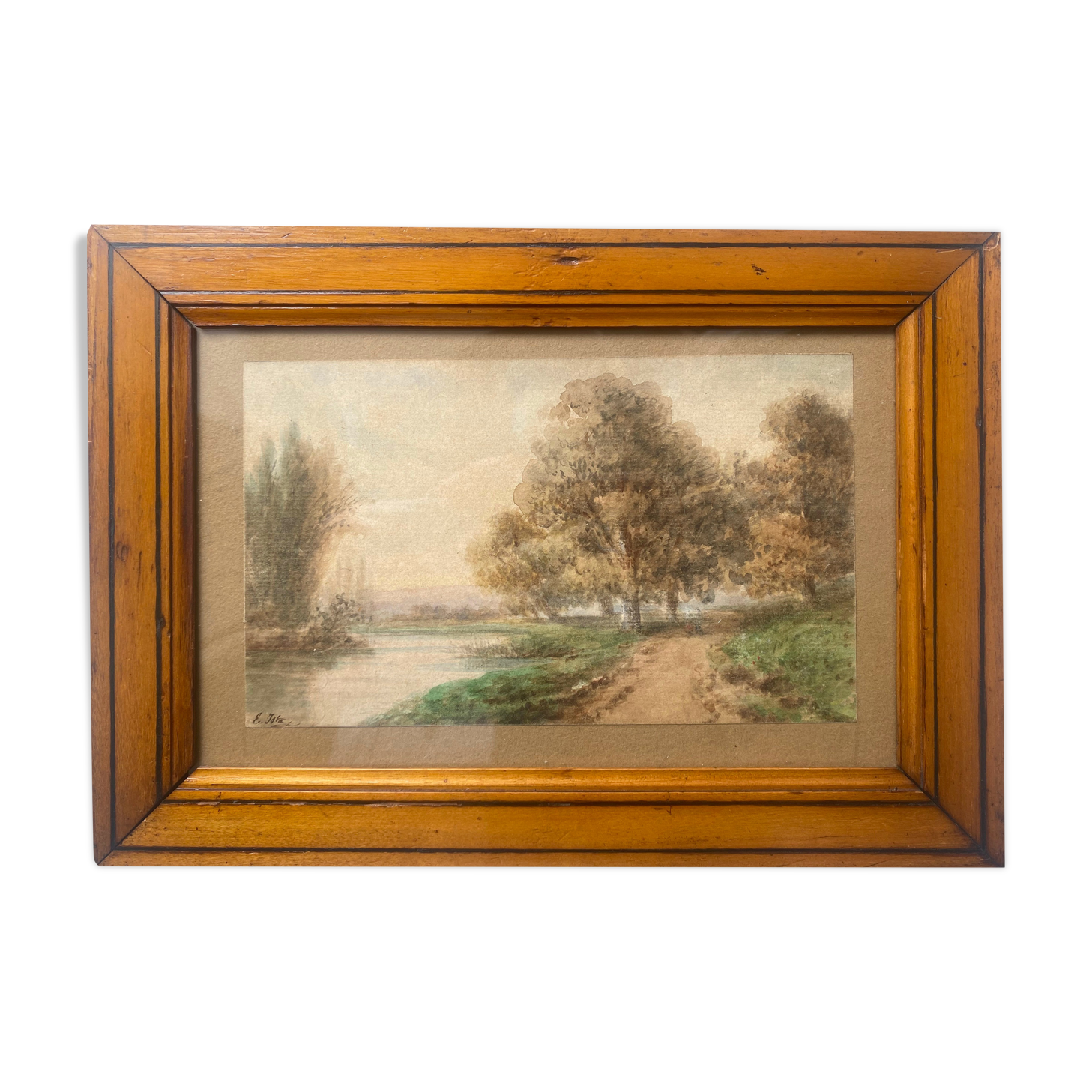 Watercolor "Path to the river" signed Ernest Ista (XIX °) + pitchpin frame