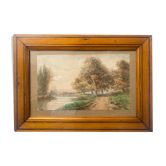 Aquarelle "Chemin à la rivière" signée Ernest Ista (XIX°) + cadre Pitchpin