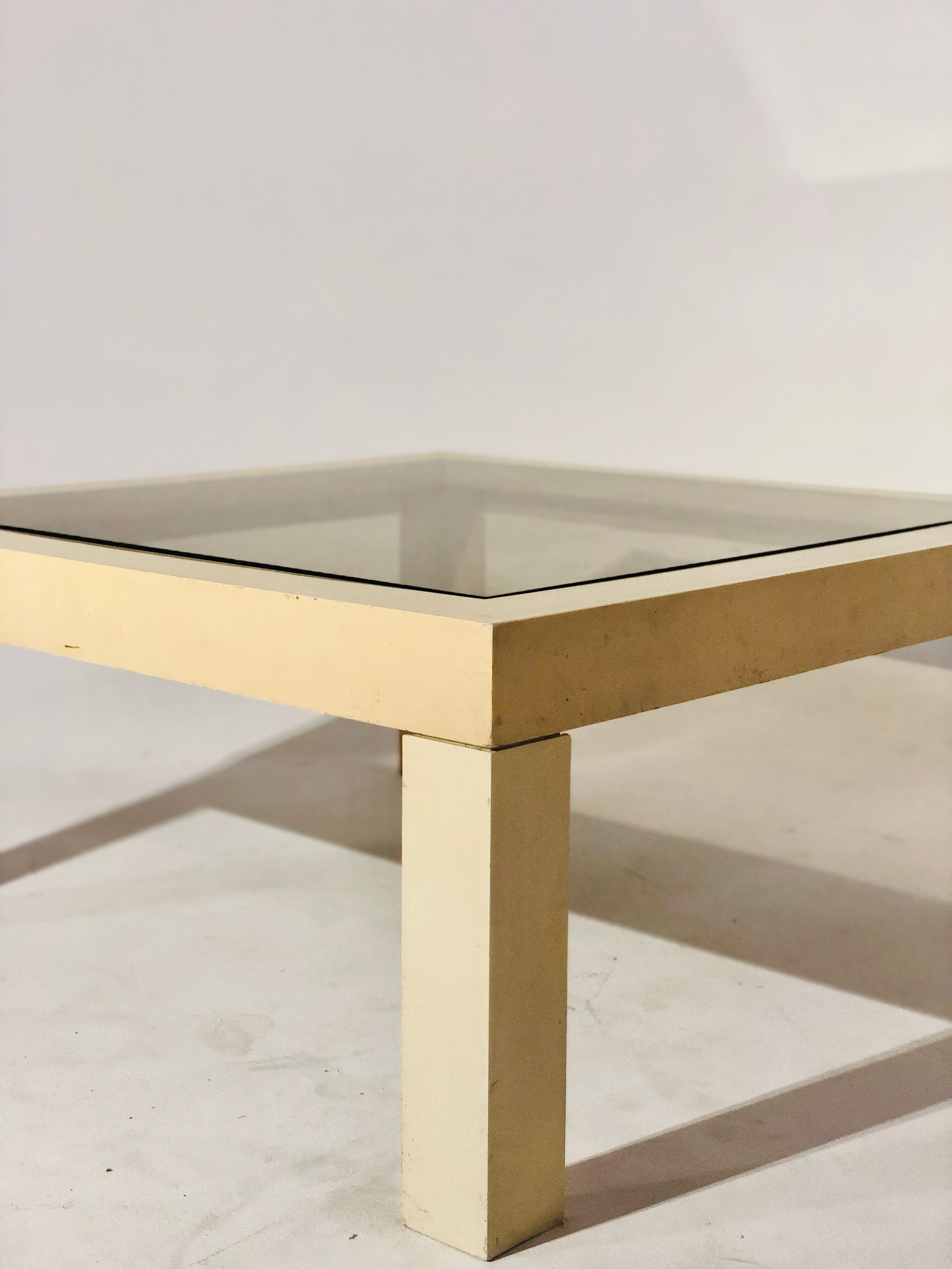 Vintage white plastic coffee table and glass