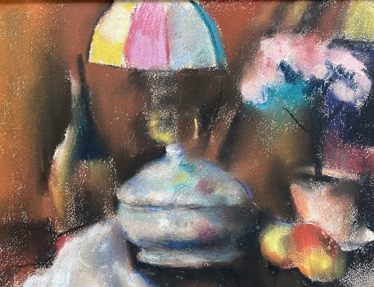 Still life with lamp, signed pastel