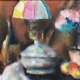 Still life with lamp, signed pastel