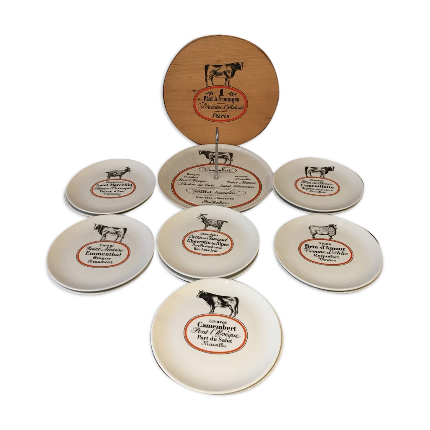 CHEESE SERVICE 12 PLATES AND PORCELAIN TRAY AUTEUIL CREATION JACQUES LOBJOY