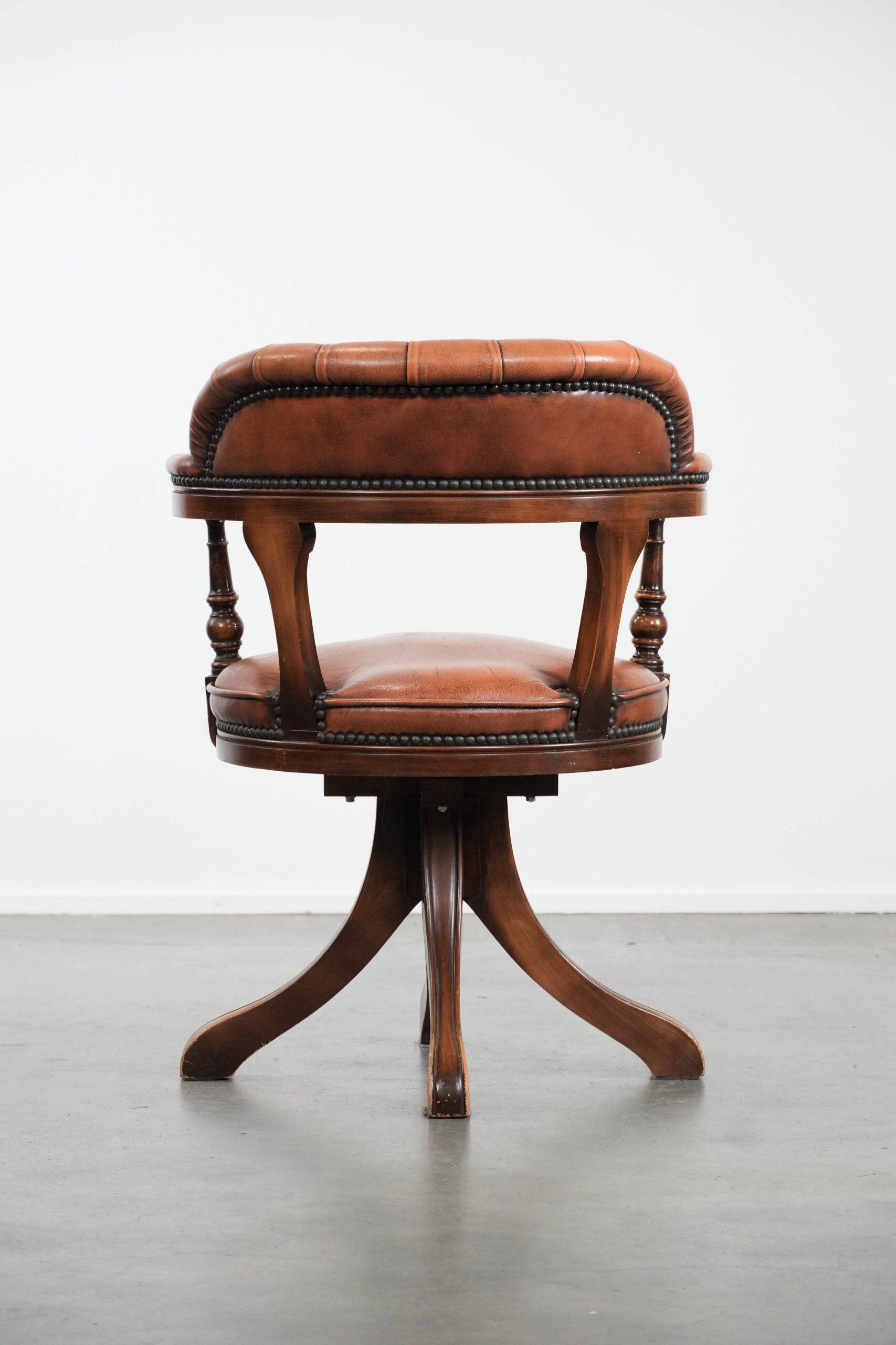 Classic and timeless cow leather and wooden Chesterfield office chair