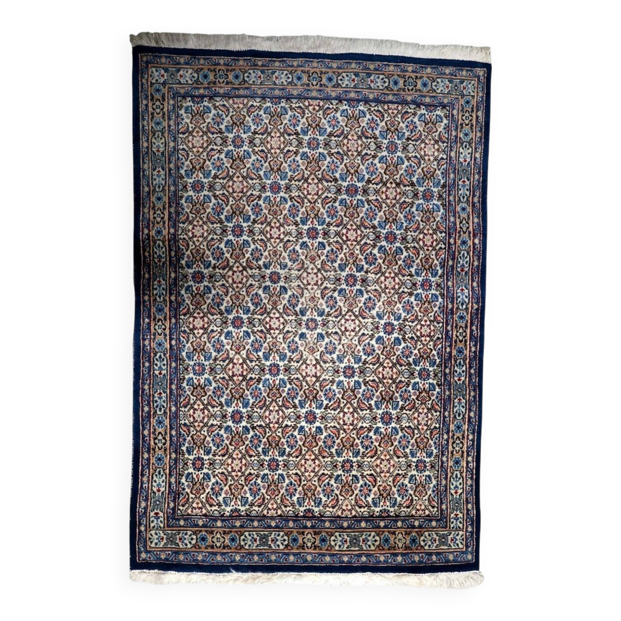 1950s handmade wool floral rug, ivory and blue, 98 × 145 cm