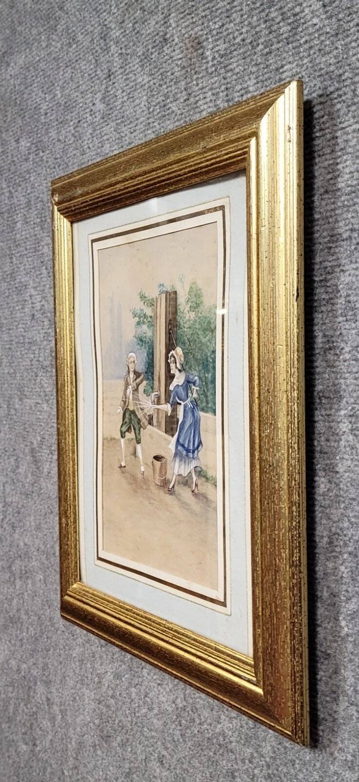 19th-century watercolor depicting a bucolic genre scene: a young woman