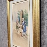 19th-century watercolor depicting a bucolic genre scene: a young woman