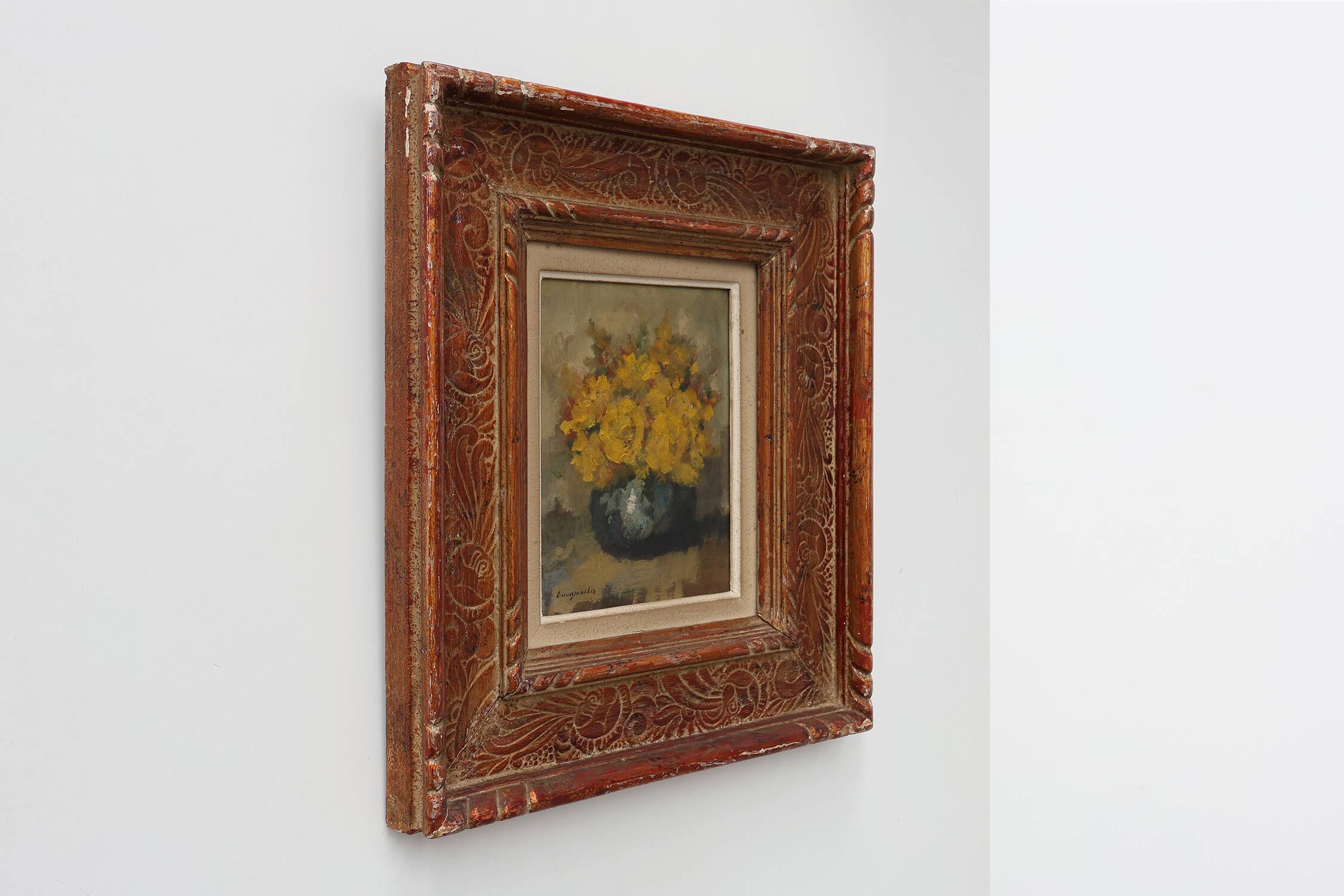 Still life with yellow flowers in a vase, ca. 1930-1950