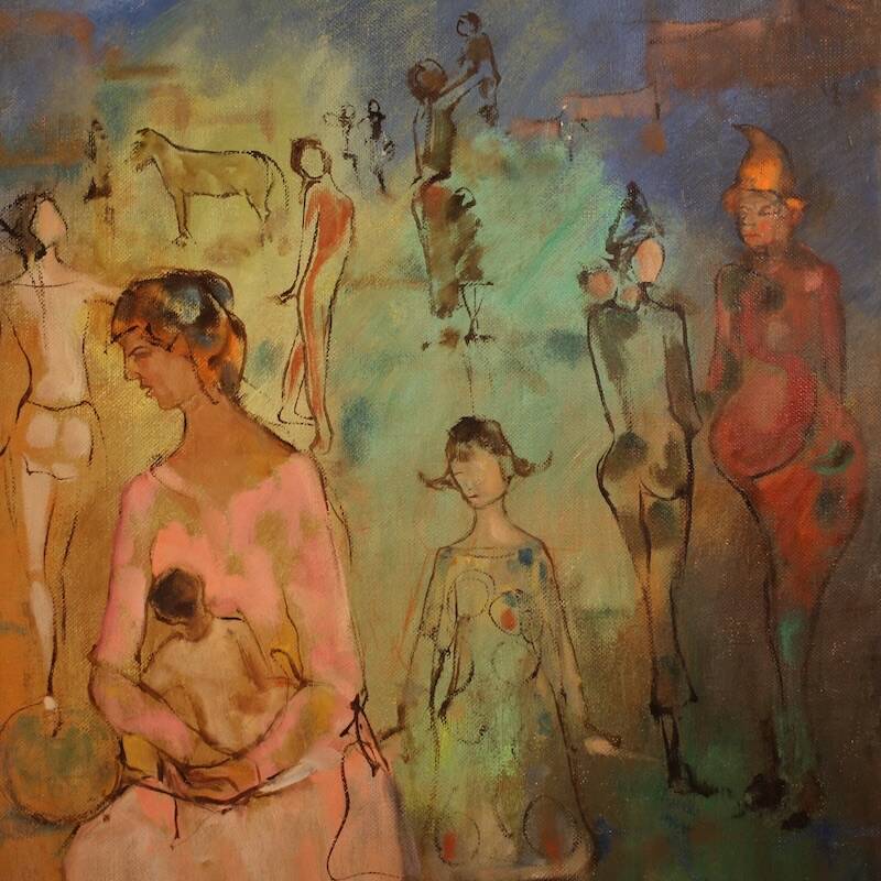Italian painting, Family of Acrobats, dated 1981