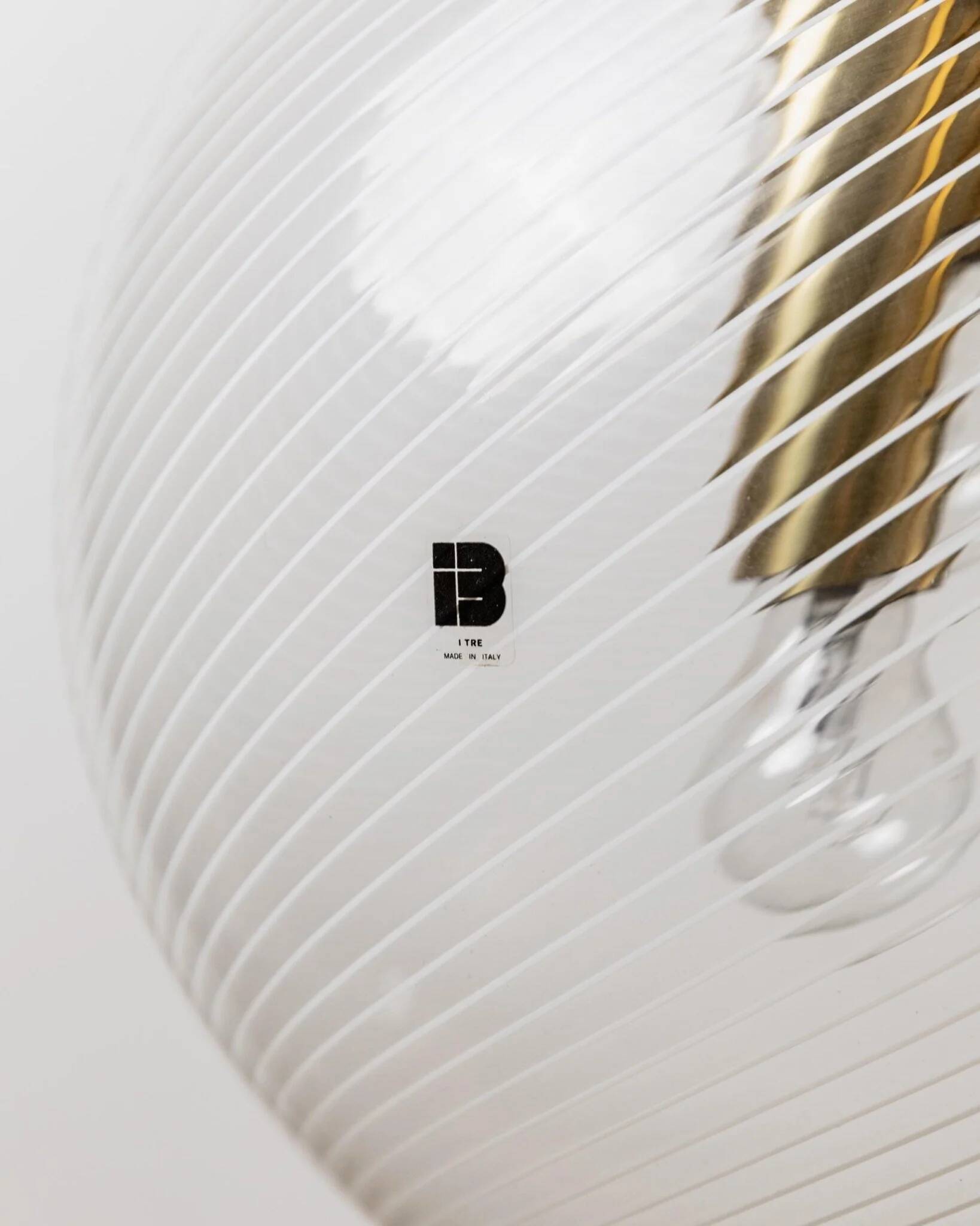 XXL Transparent Murano Glass Globe Lamp with Gold Metal Hardware, 3-Bulb Italian 1960s Vintage Pendant