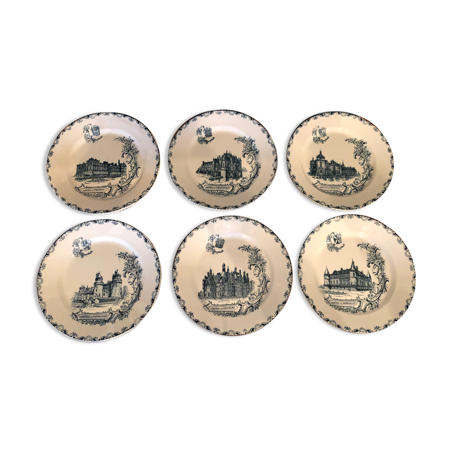 6 flat plates in Clairefontaine earthenware, Terre de Fer, Châteaux collection, 1894-1913