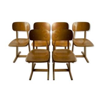 Suite of 6 chairs foot compass 1960 beautiful blond patina