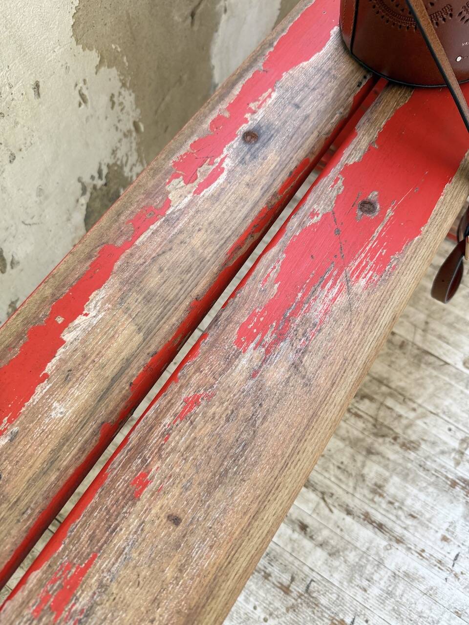 1950s oak bench with red patina, 2m