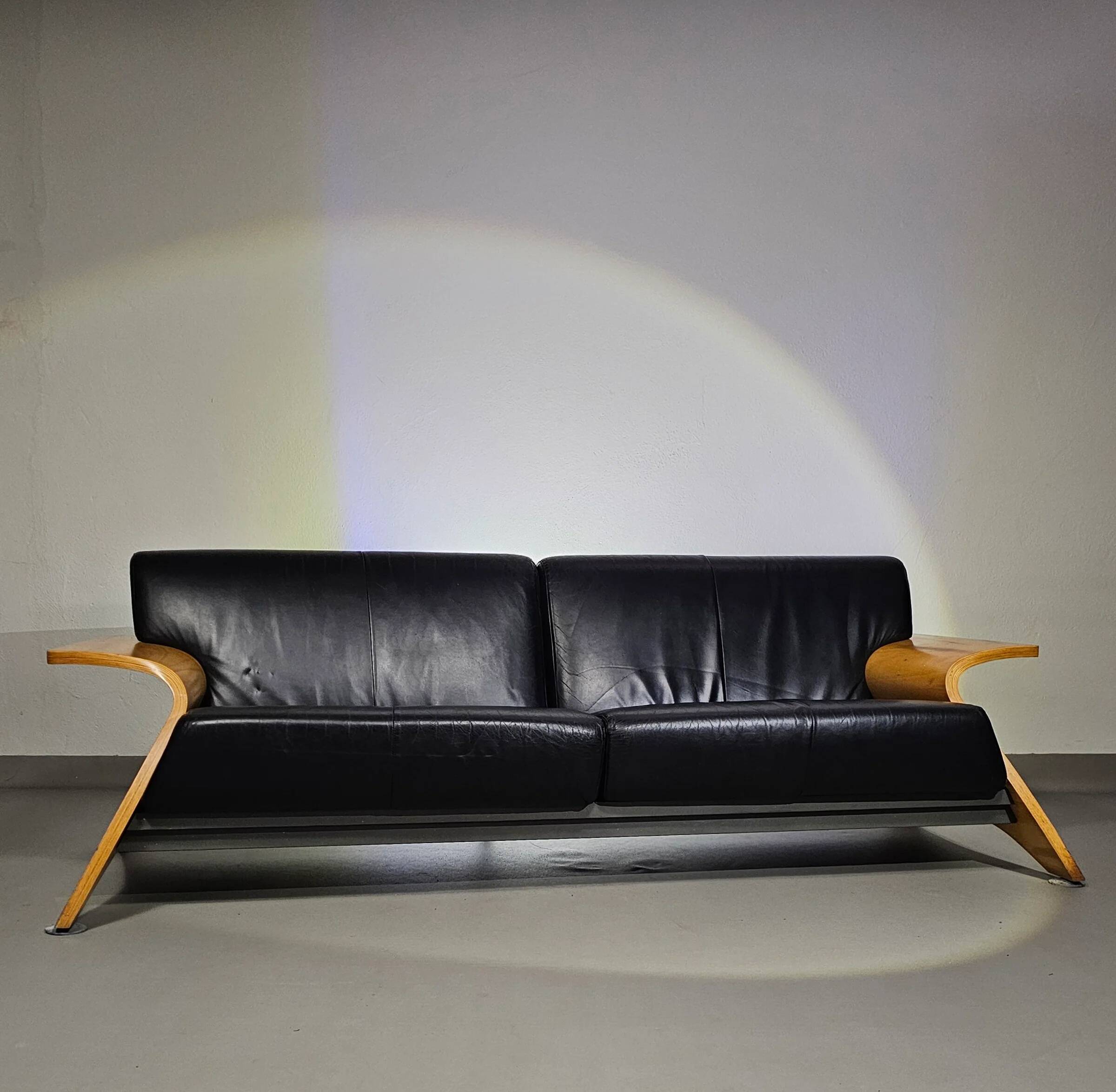 Harvink Mazurka Black Leather Sofa 1980s
