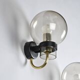 Pair of brass and blown glass wall lights, Glashütte Limburg