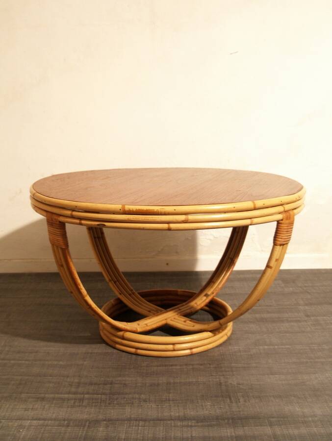 Vintage rattan coffee table with teak top