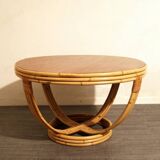 Vintage rattan coffee table with teak top
