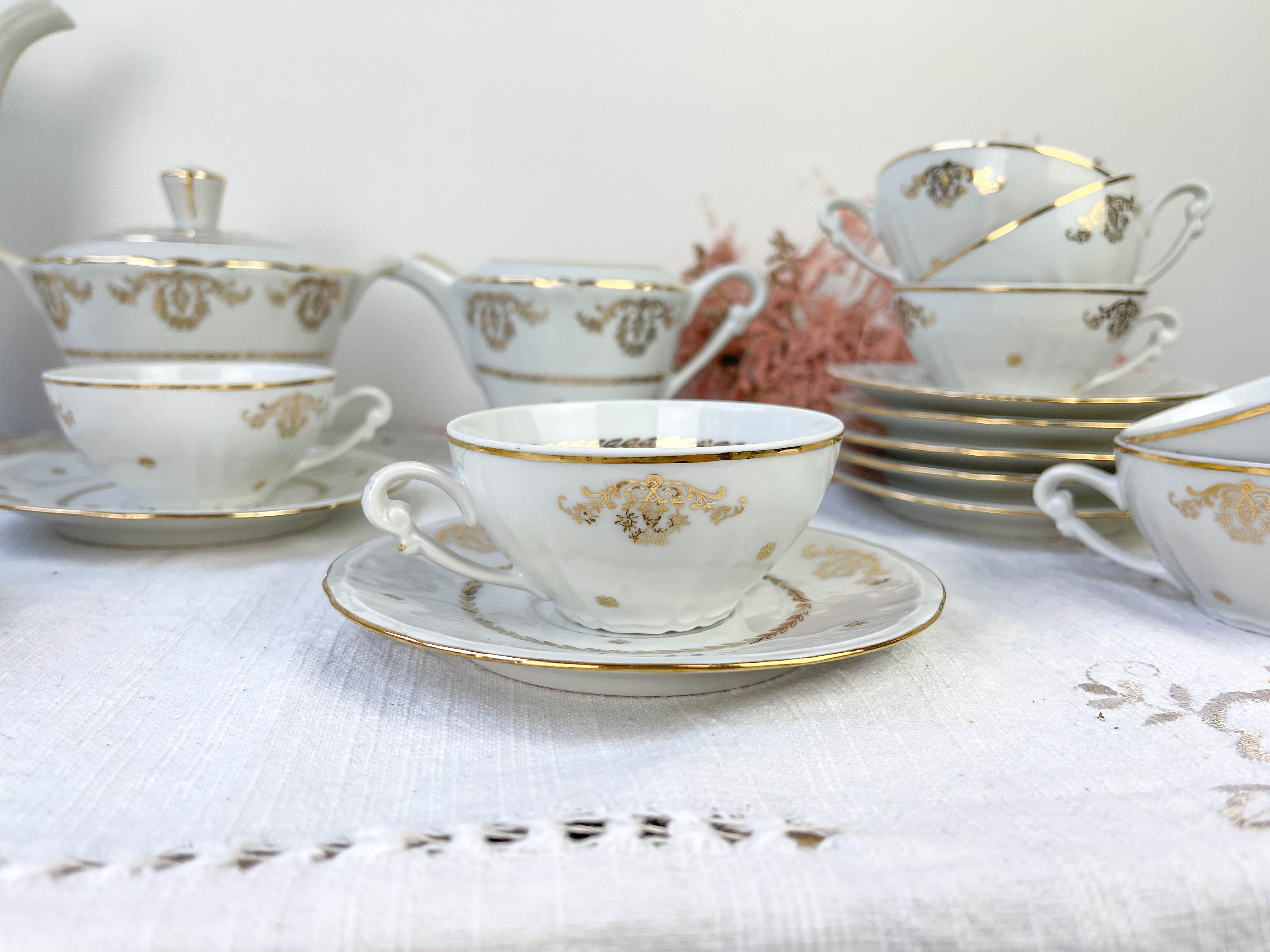 Vintage tea set in golden white porcelain CHAUVIGNY LIMOGES