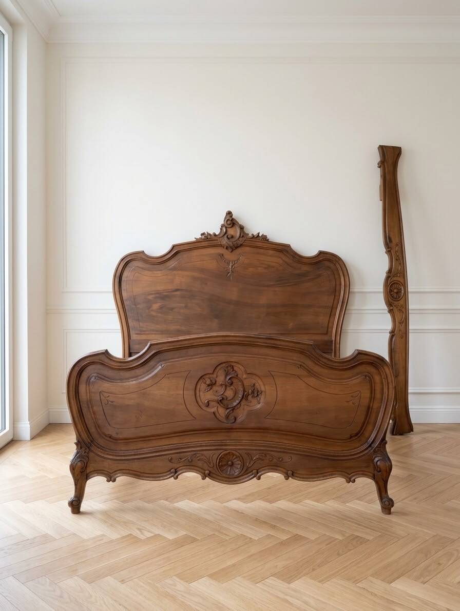 Double bed in carved wood, Louis XV style.