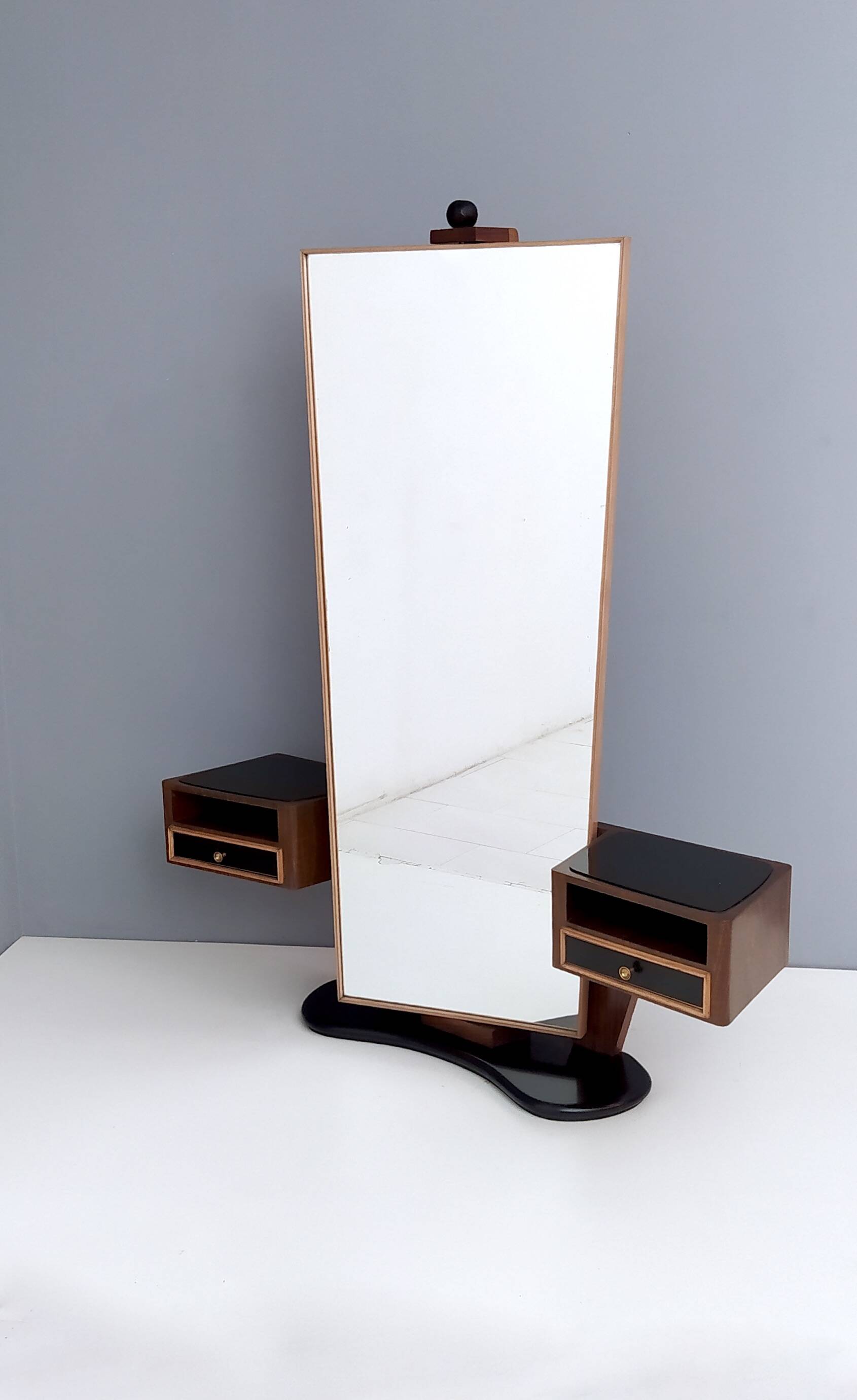 Wooden Entryway Mirror Organizer with Black Glass Tops, Italy