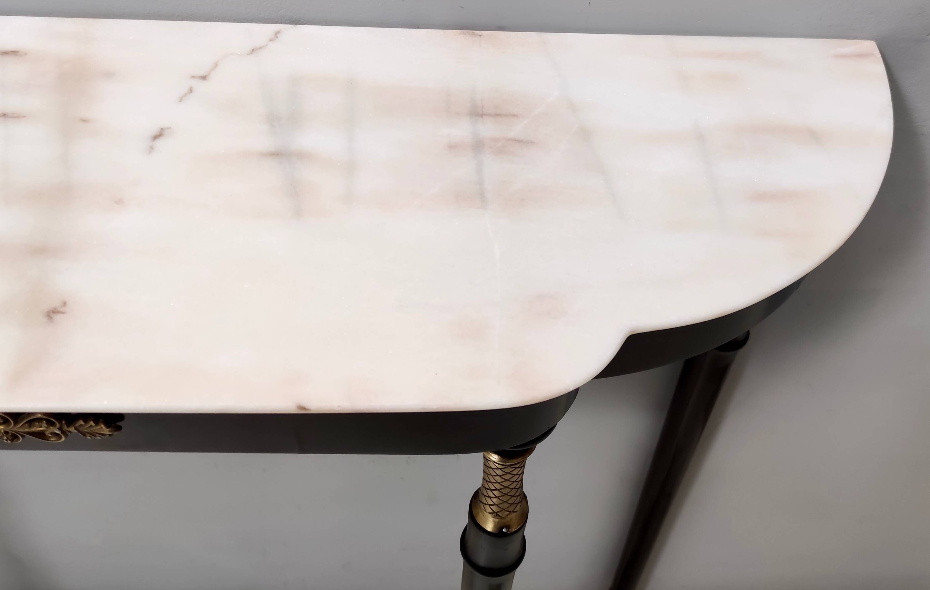Vintage black lacquered beech console with a portuguese pink marble top, italy