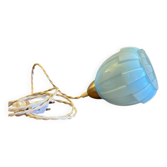 Antique tulip pendant lamp with blue opaline glass and brass suspension claw LAMP-7383