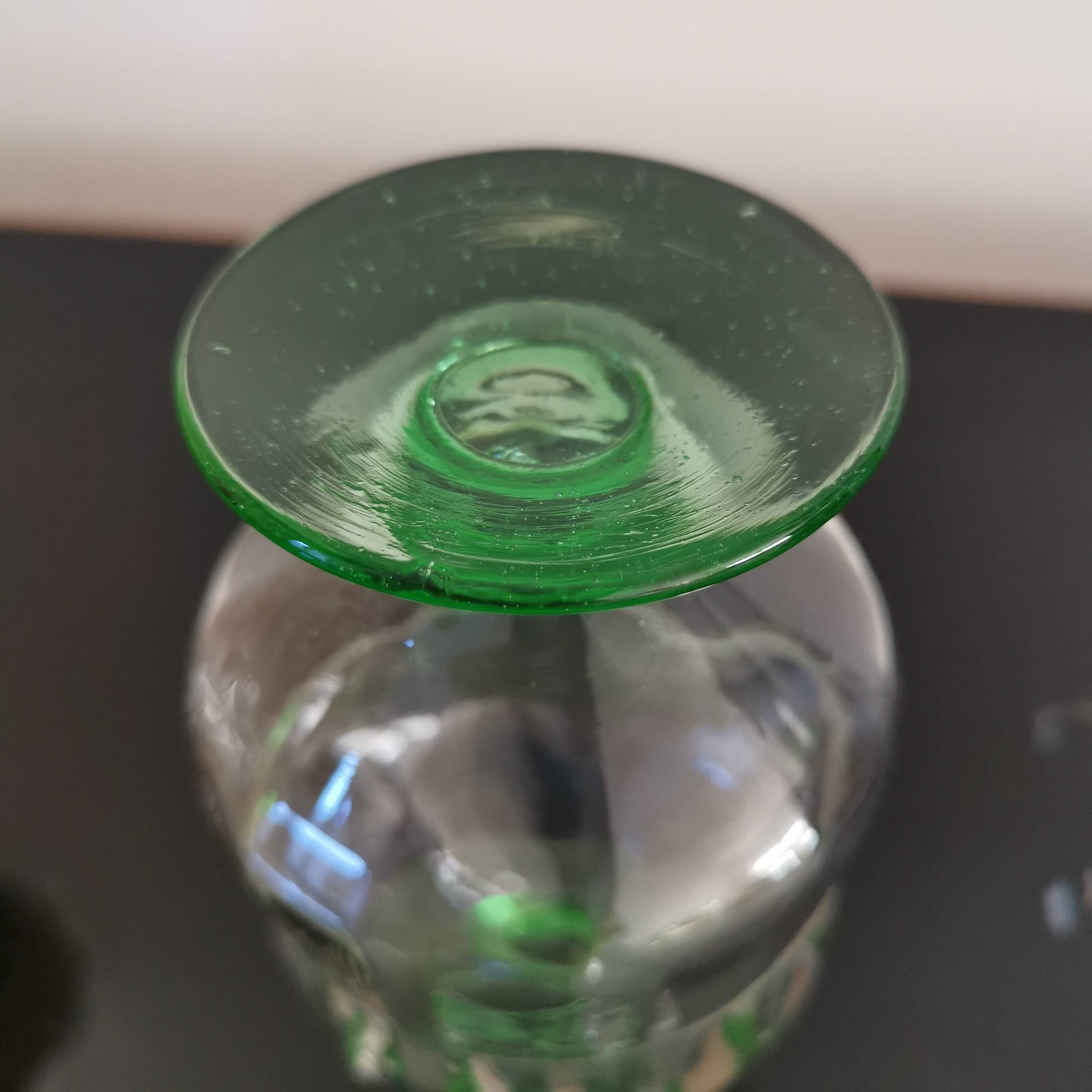 2 faceted champagne glasses with green feet, 1930s