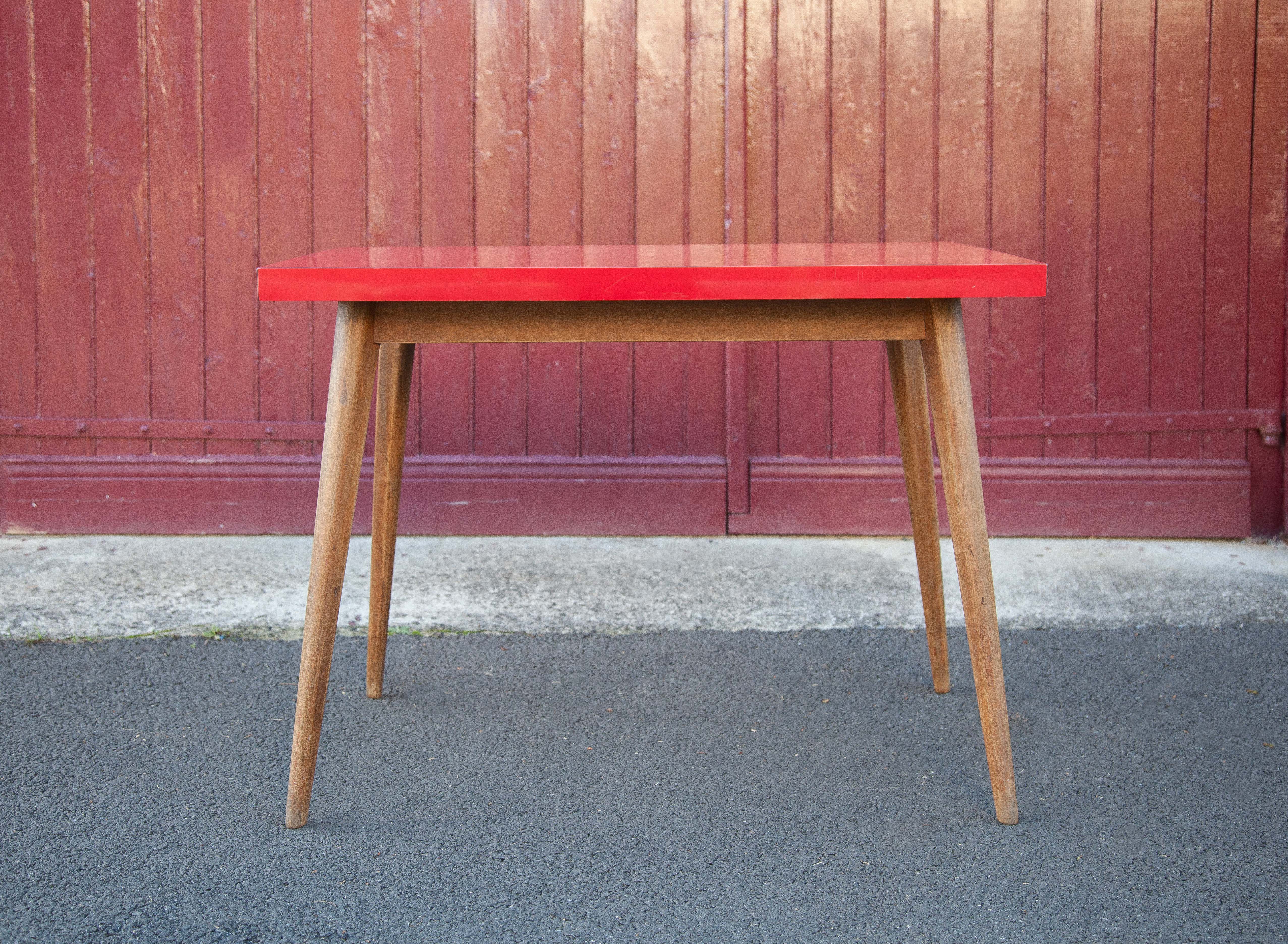 Vintage bistro table, wooden table and red formica feet compass, kitchen, countryside