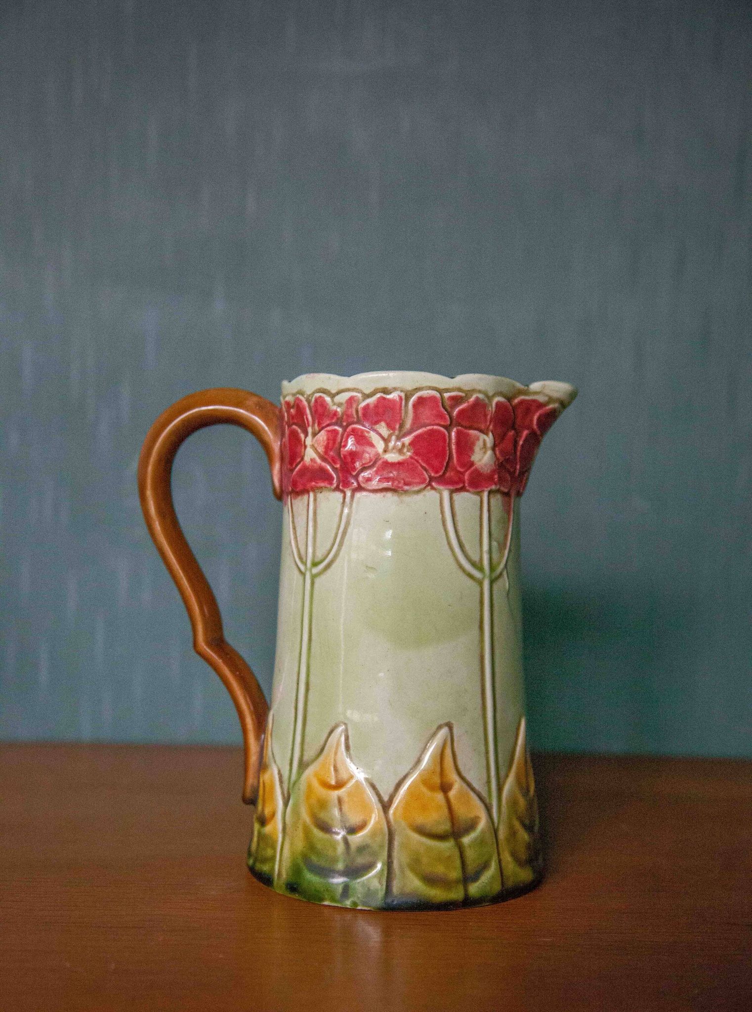 Vintage old earthenware pitcher, French pitcher, Art Nouveau, floral pattern pitcher, kitchen decor