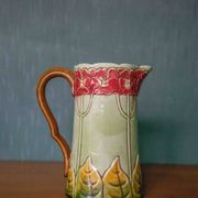 Vintage old earthenware pitcher, French pitcher, Art Nouveau, floral pattern pitcher, kitchen decor