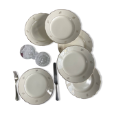 6 antique beige earthenware dinner plates with gold decoration and flowers by Villeroy Boch.