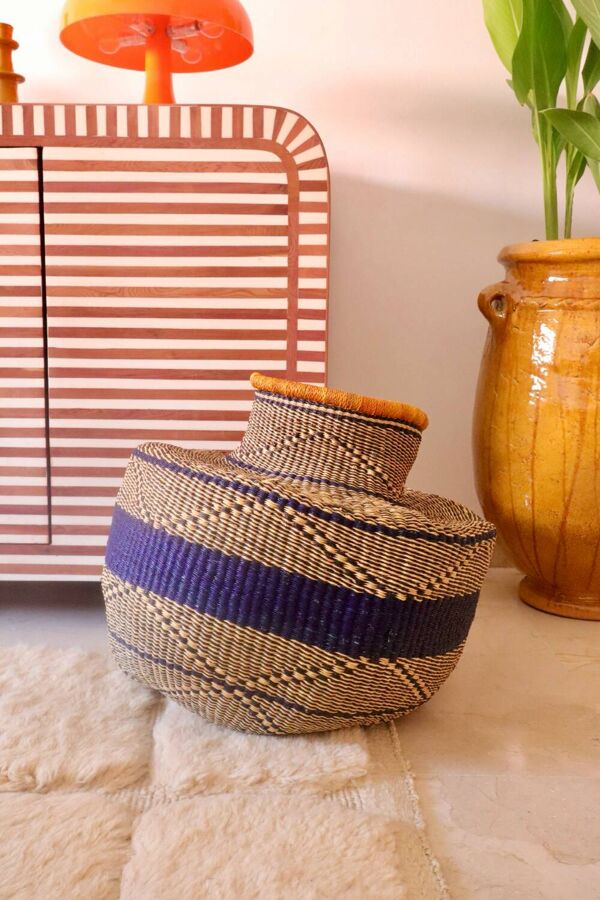 Panier Bolga panier décoratif africain coloré  marine et jaune moutarde