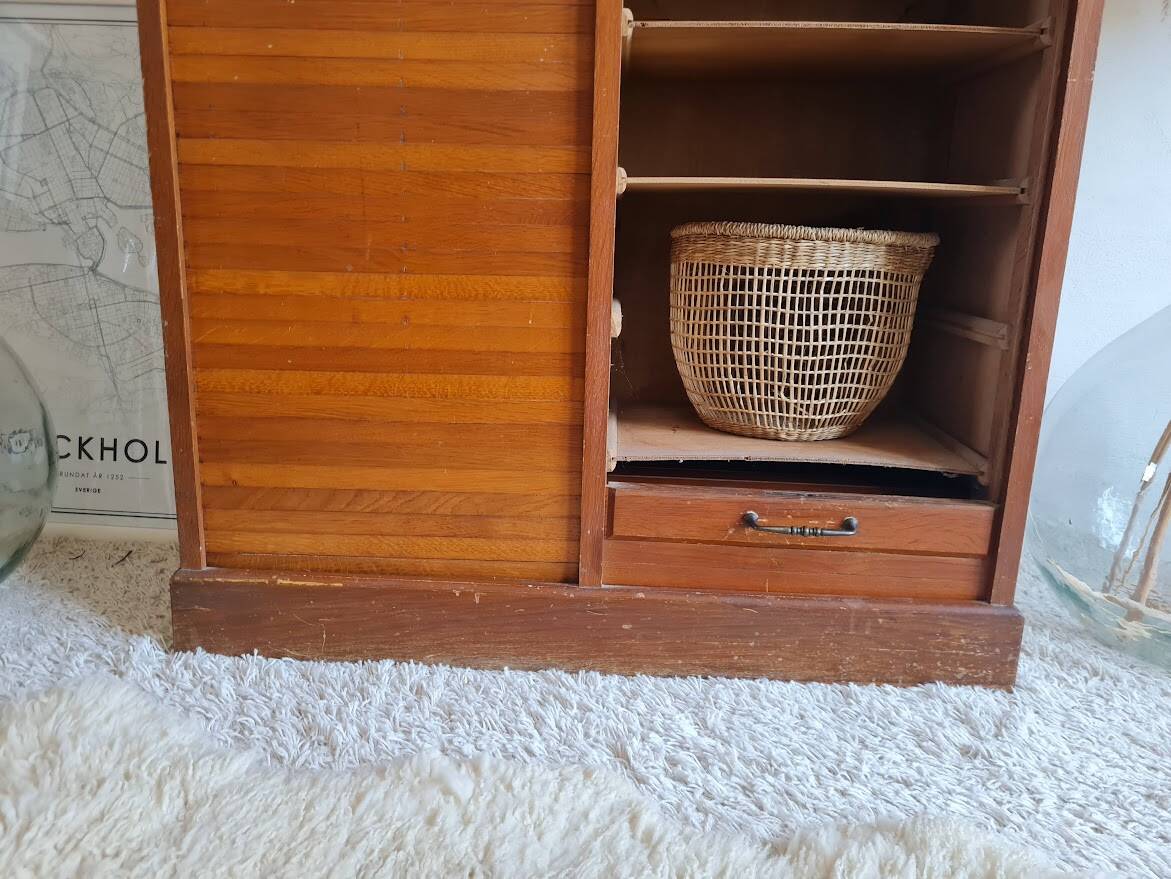 Vintage double curtain filing cabinet.