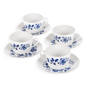Set of 4 limoges porcelain cups with saucer, peacock decoration.