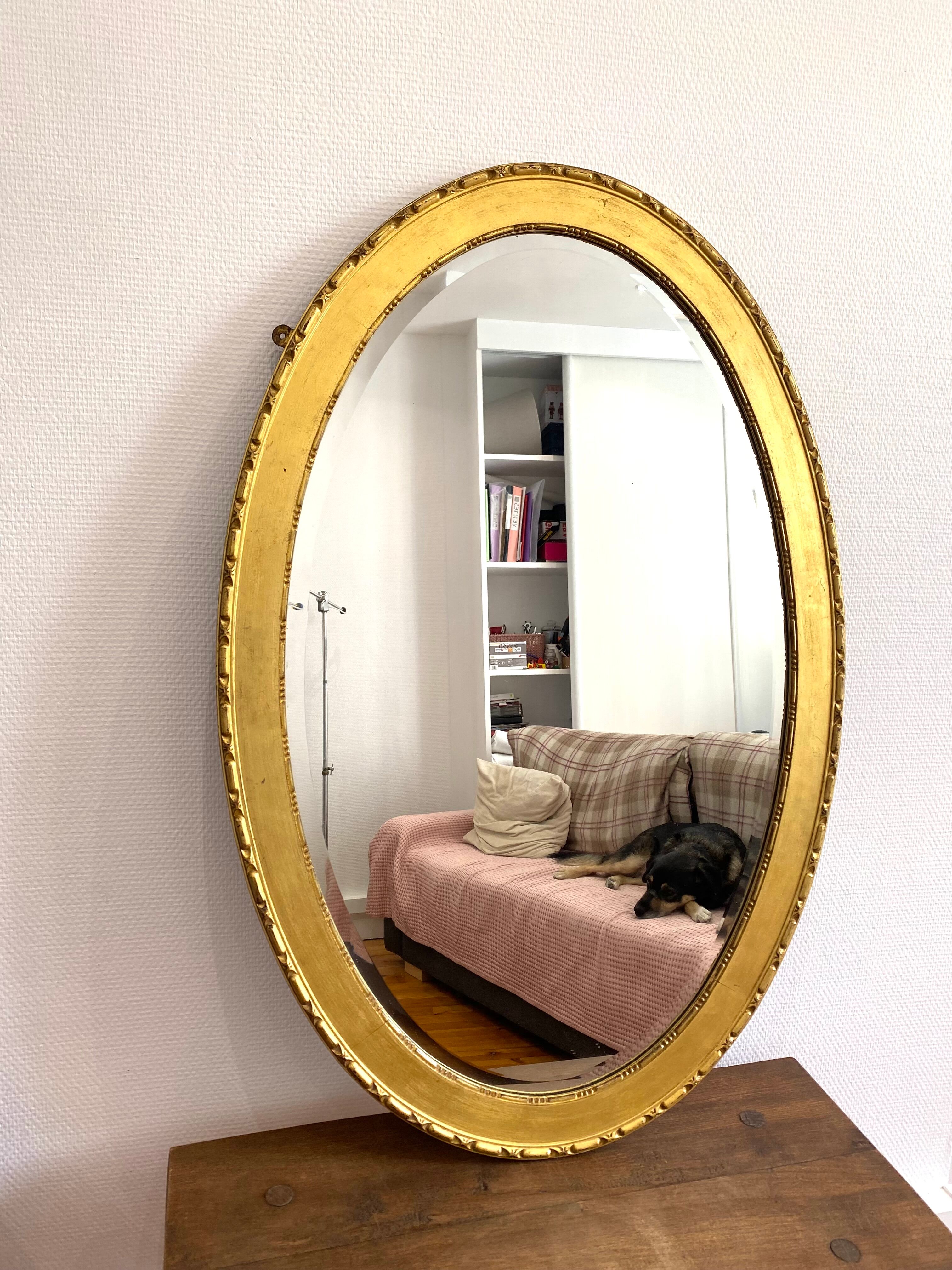 XXth oval mirror, gilded wood trumeau, beveled ice, vintage medallion mirror