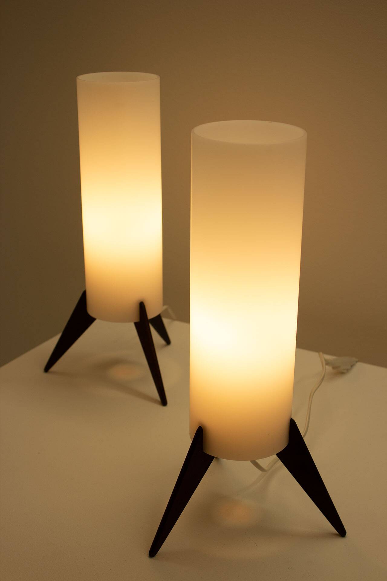 Pair of dark wood & acrylic rocket table lamps by Luxus, Sweden, 1960s