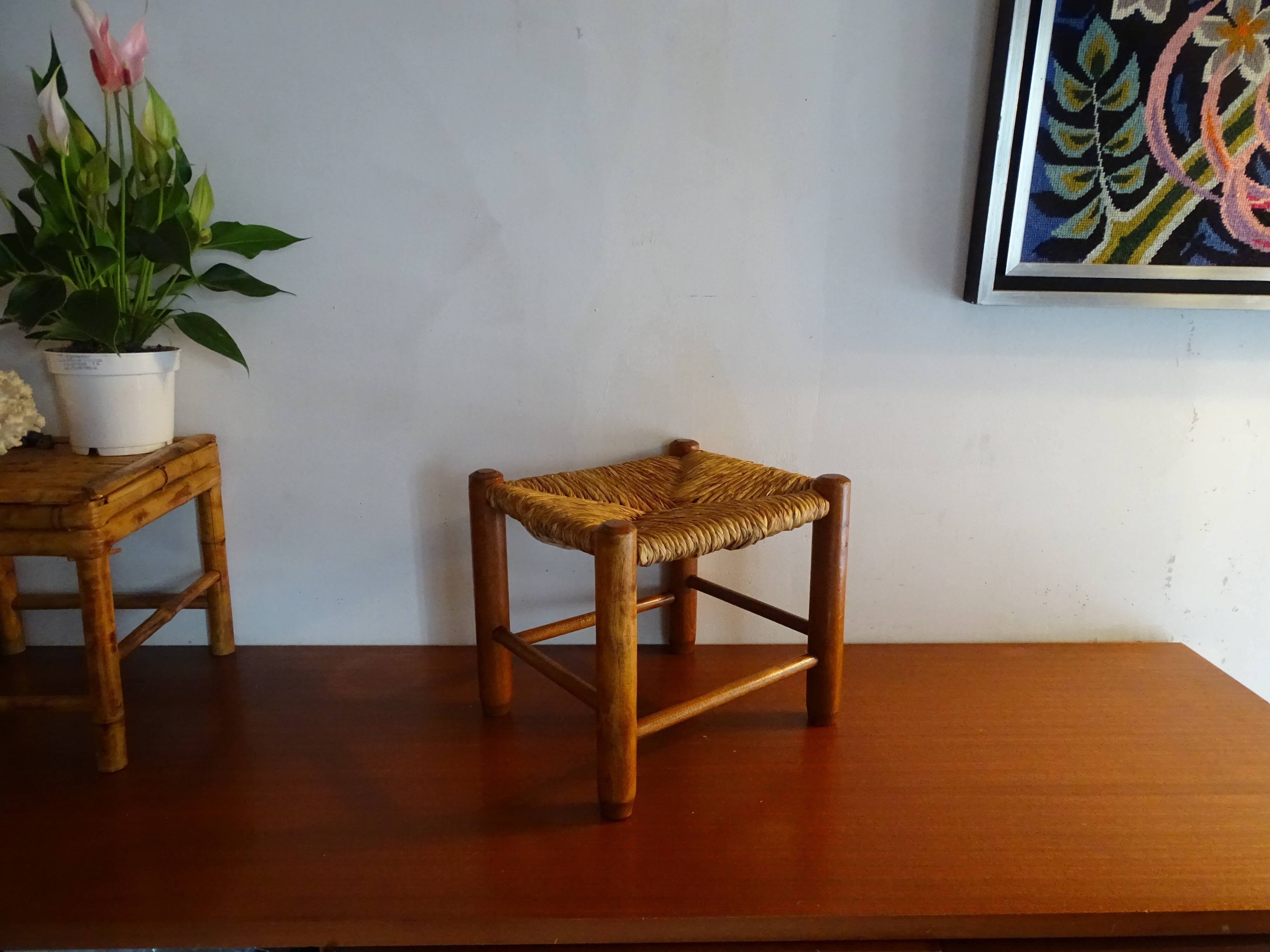 Vintage straw wood low stool