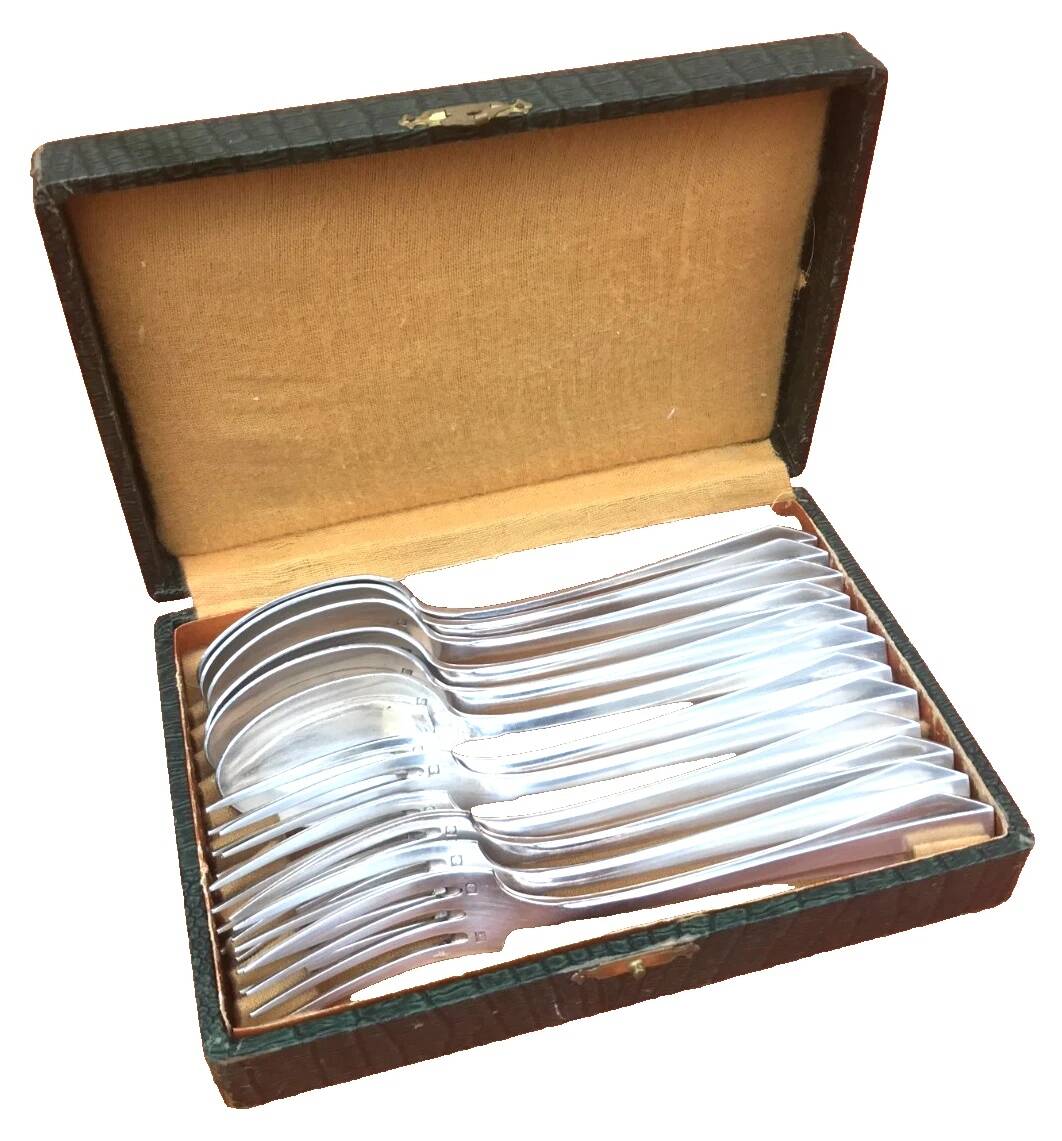 Art Deco Set of 6 forks and 6 large spoons, silver-plated metal, SNO REX