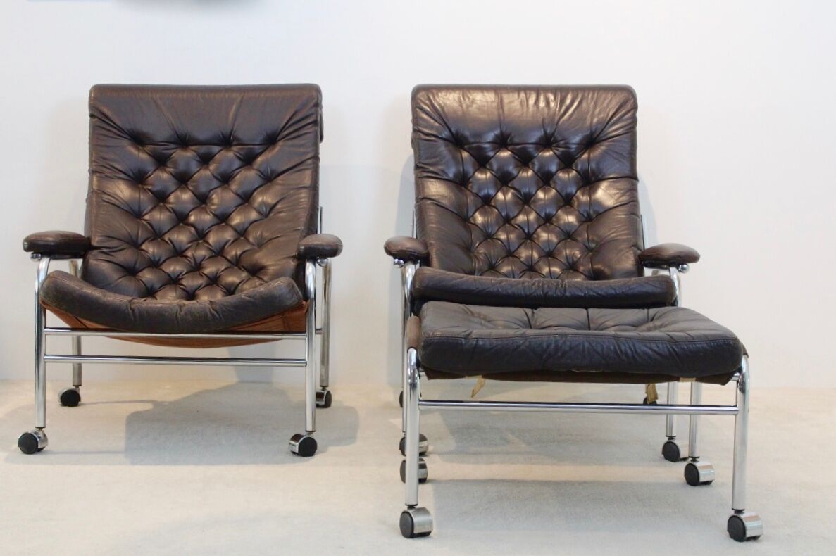 Paire de fauteuils 'bore' en cuir Noboru Nakamura avec pouf, années 1970