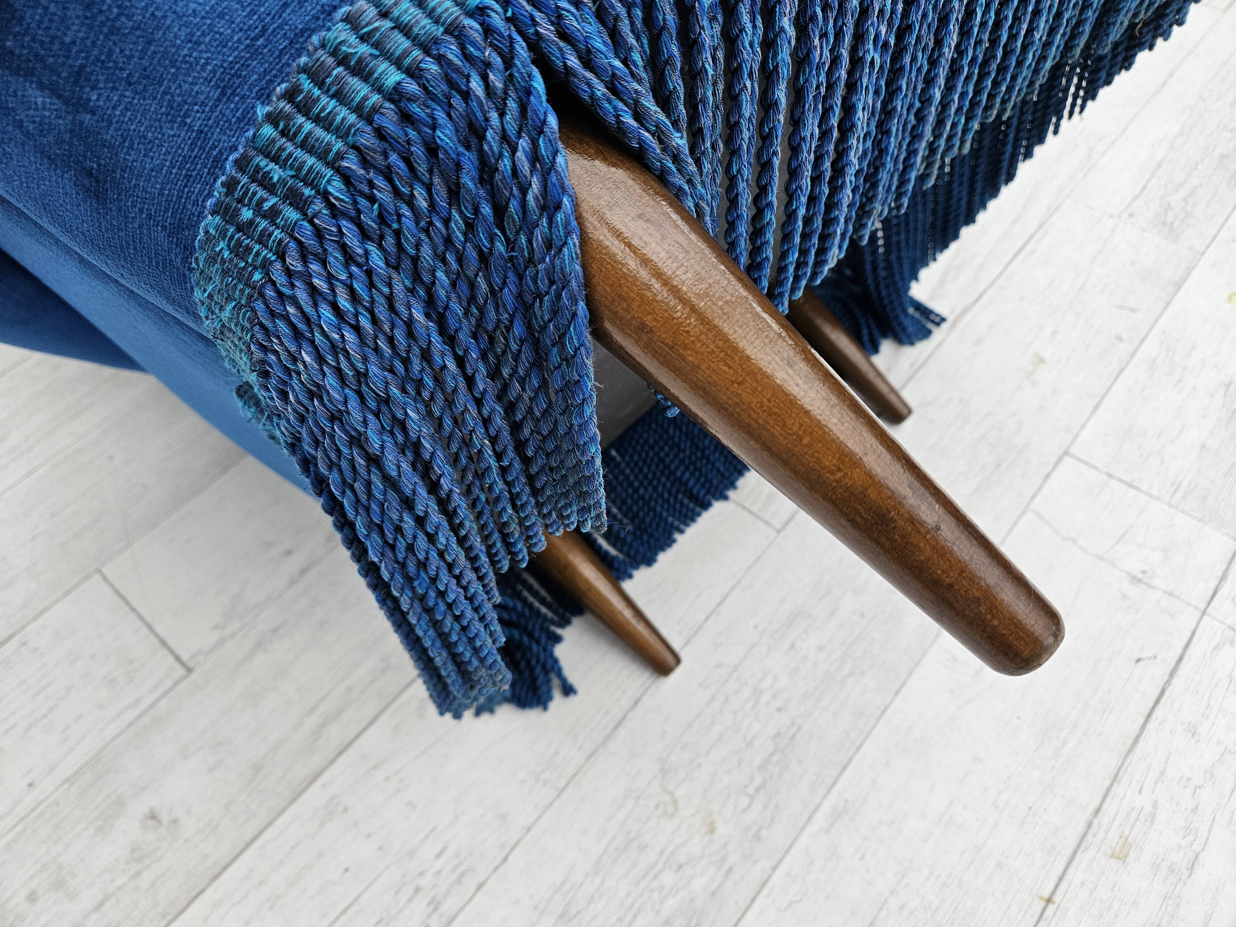 1960s, Danish lounge chair, blue furniture velour, beech wood legs.