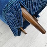 1960s, Danish lounge chair, blue furniture velour, beech wood legs.