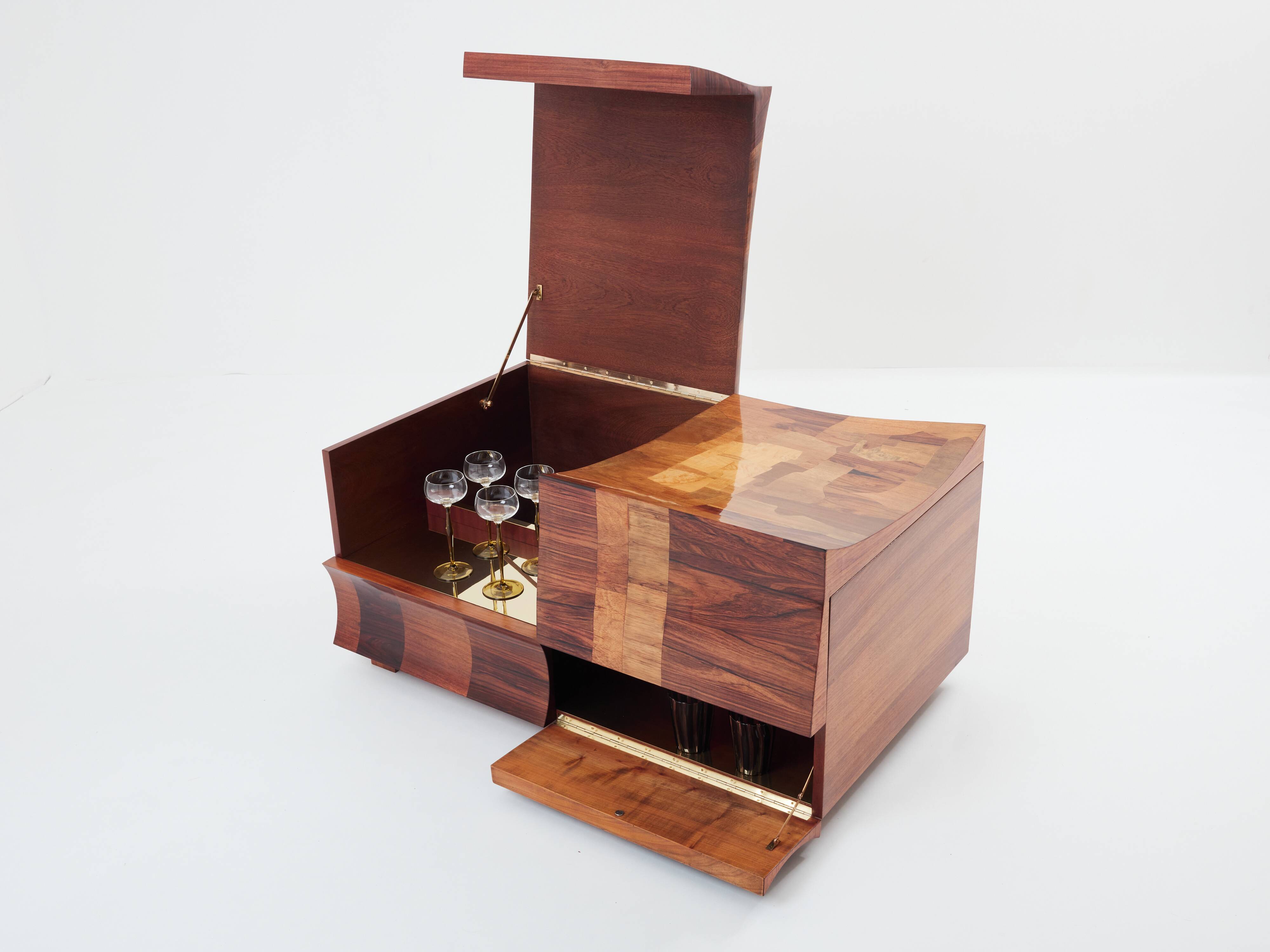 Bar chest in wood and brass marquetry signed Michel Lefèvre 1960