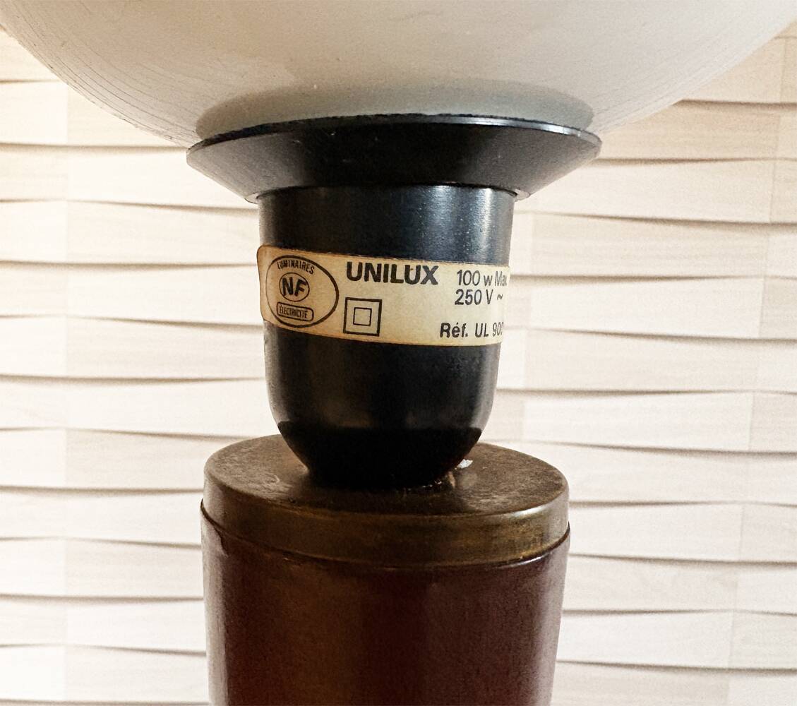 Vintage Unilux lamp in wood and opal glass, Scandinavian style.