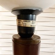 Vintage Unilux lamp in wood and opal glass, Scandinavian style.