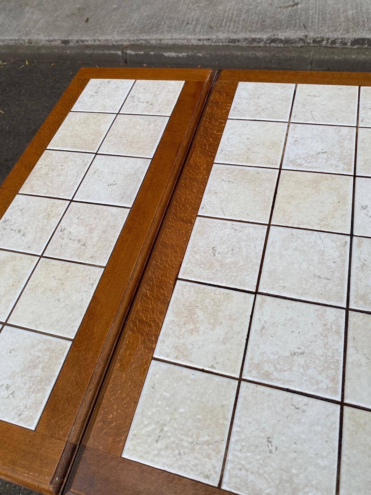 Dining table or farmhouse kitchen style with solid wood and tiles.