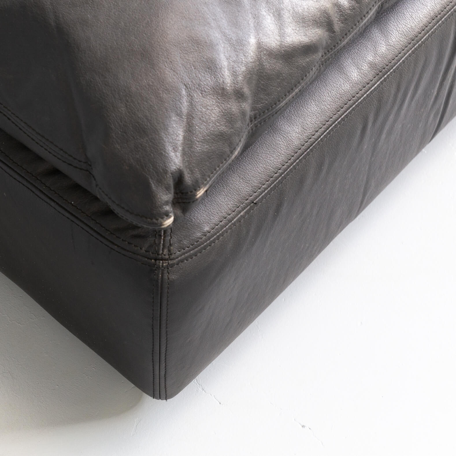 80s black leather pouf, sofa, ottoman set/2