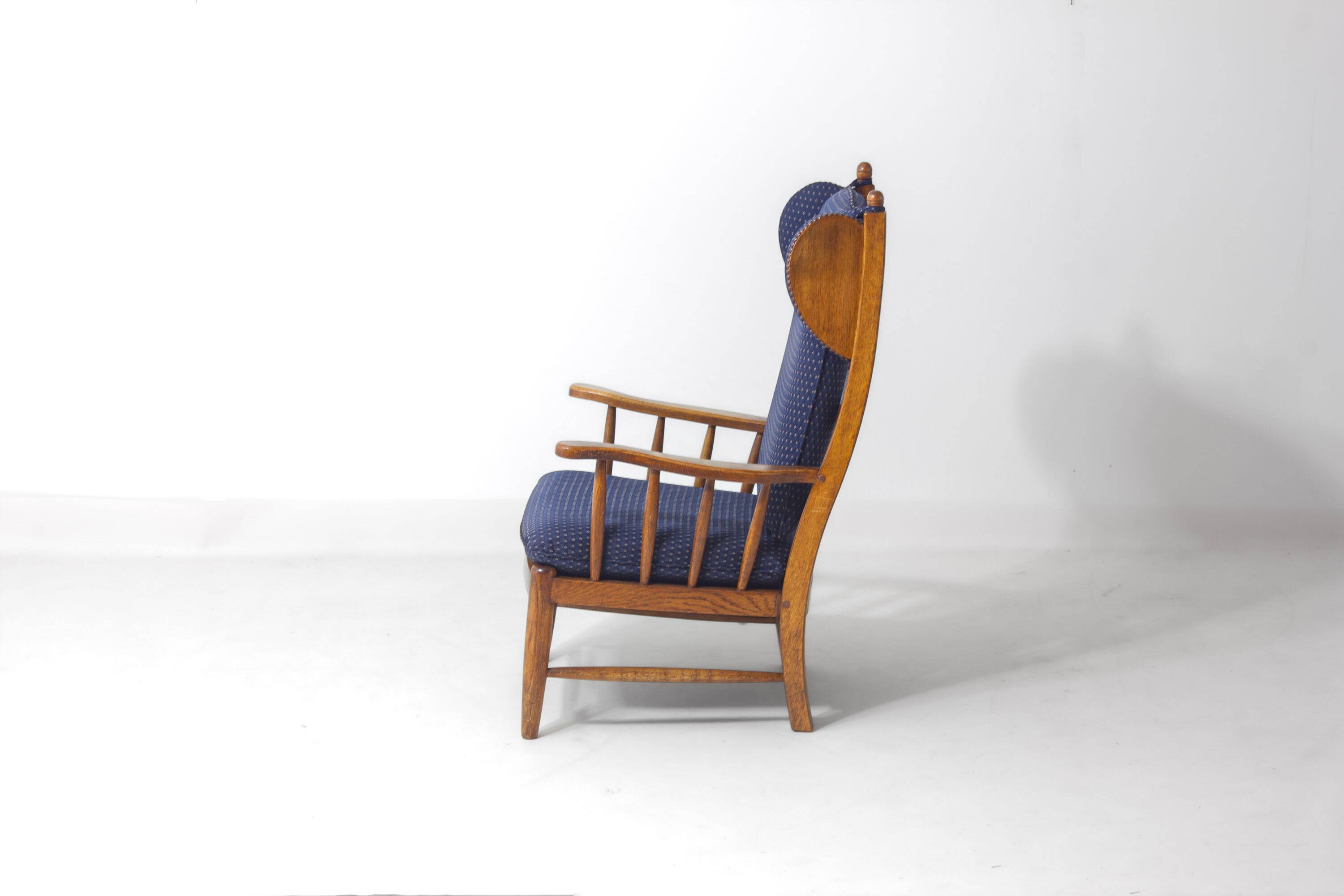 French lounge chair in oak and blue fabric, 1960s