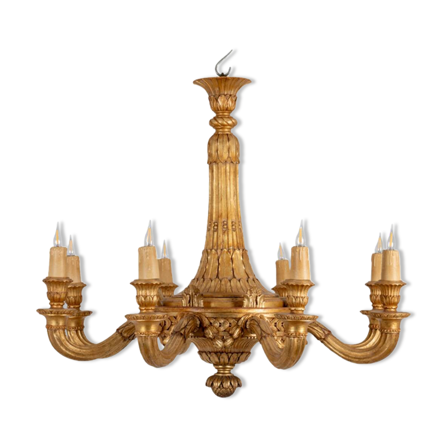 Dumez, Louis XVI style chandelier in carved and gilded wood. 1950s.