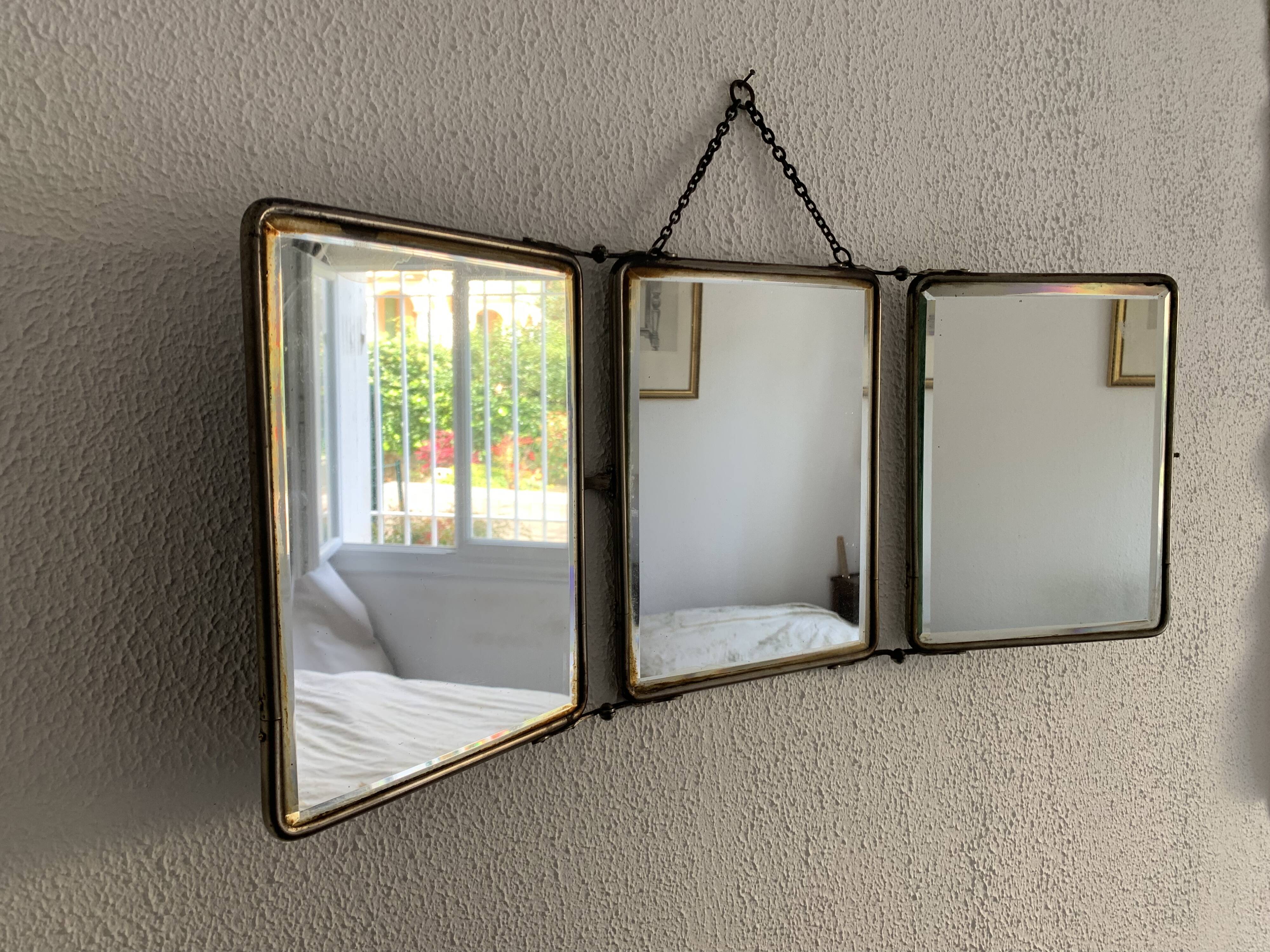 Vintage 1930s barber's triptych mirror, black beveled crystal - 28 x 70 cm